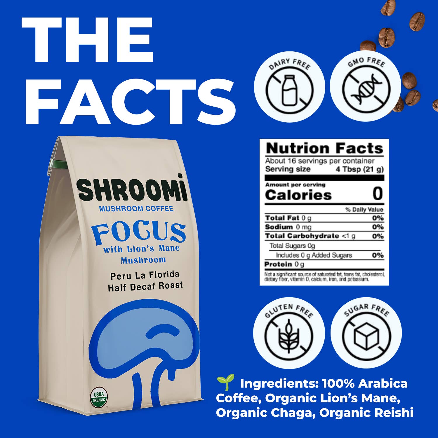 Shroomi Mushroom Coffee - Half Decaf Peru, Ground Organic Coffee, 10oz Bag