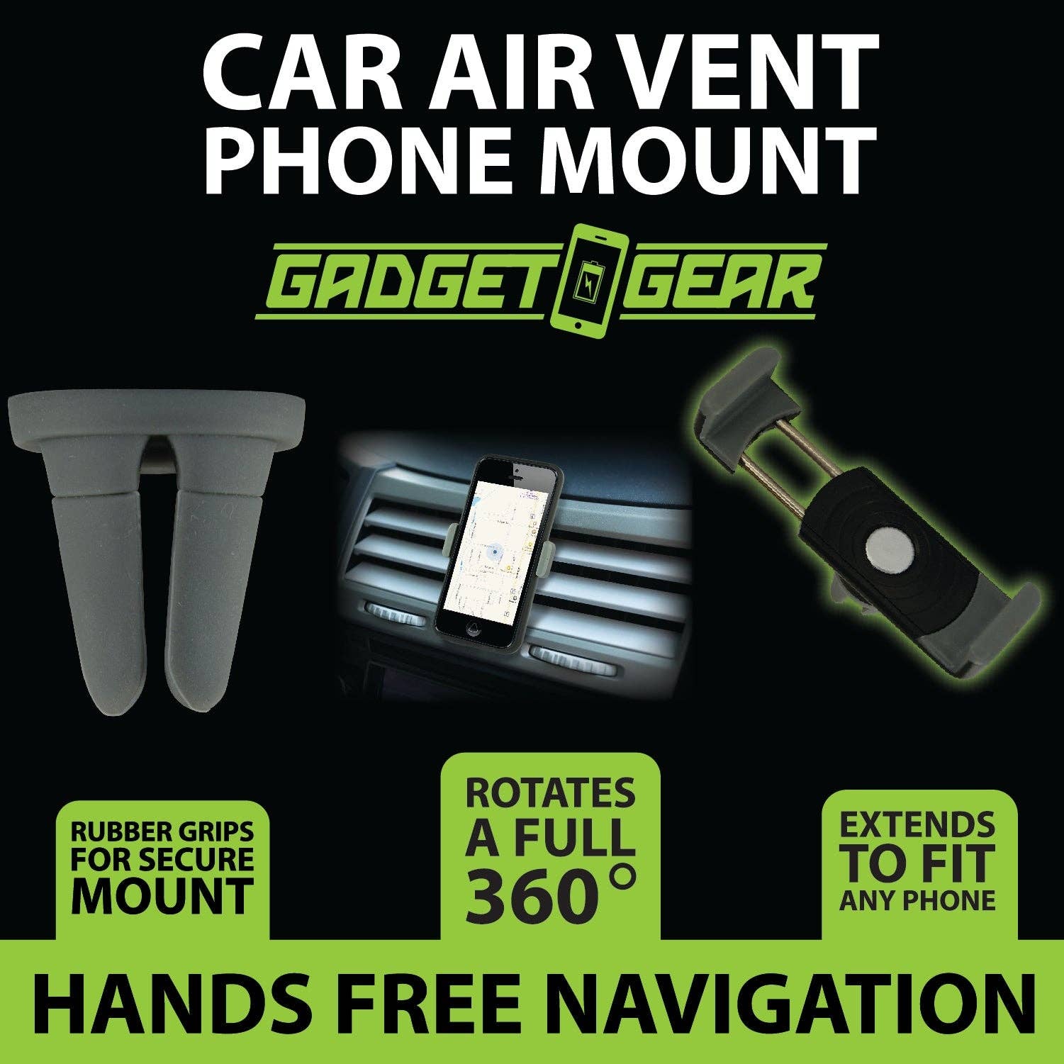 Gadget Gear Rotating Car Phone Mount with Vent Clip