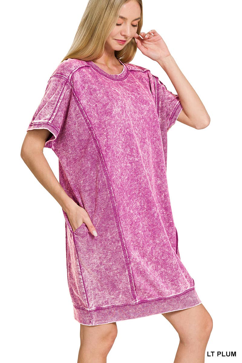 0826 French Terry Acid Wash Short Sleeve Dress W/ Pockets SI-2597