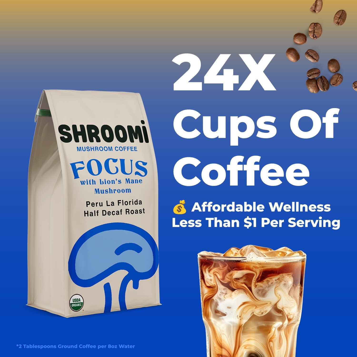 Shroomi Mushroom Coffee - Half Decaf Peru, Ground Organic Coffee, 10oz Bag