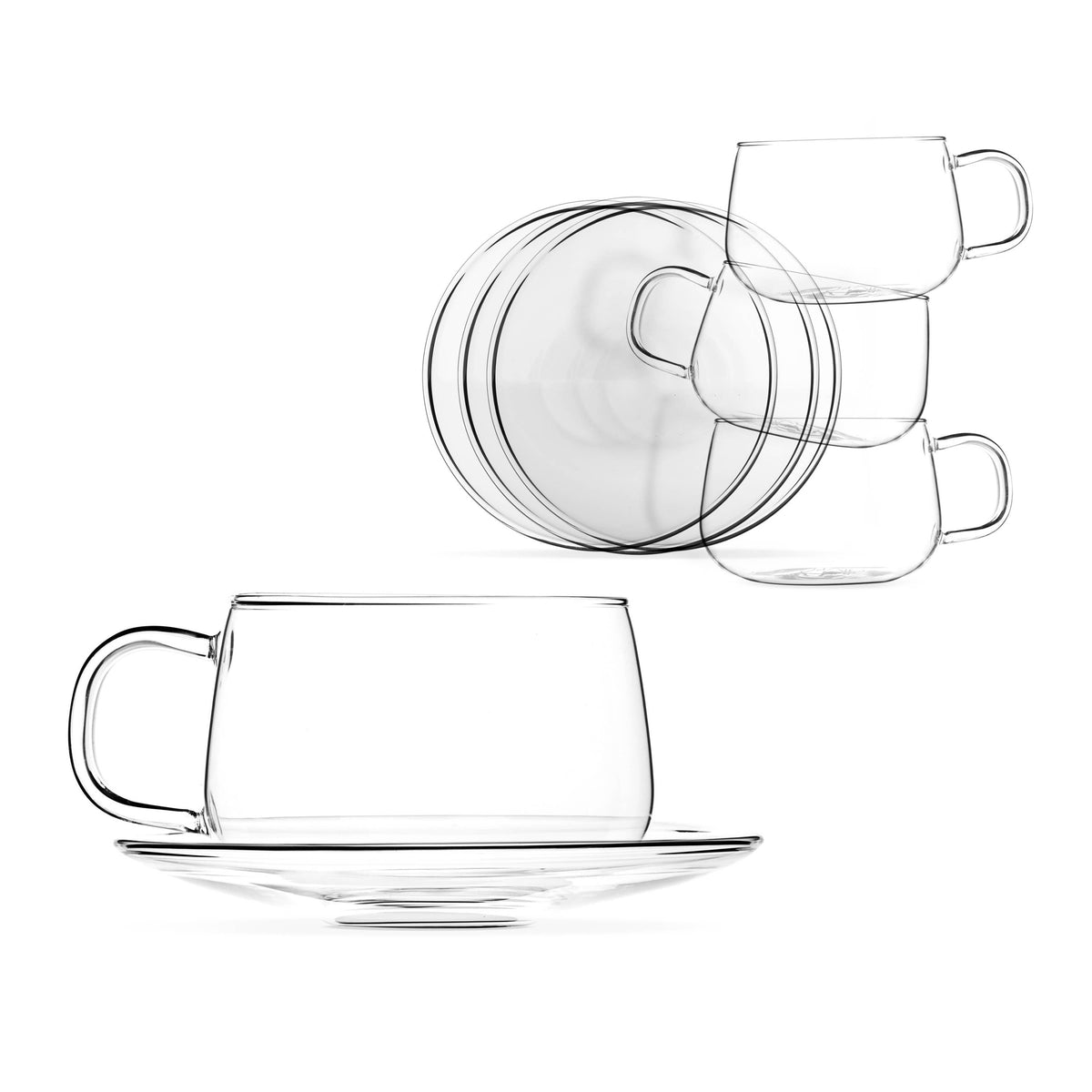 Set 4, 10.1 oz Clear Lightweight Glass Tea Coffee Cup Saucer