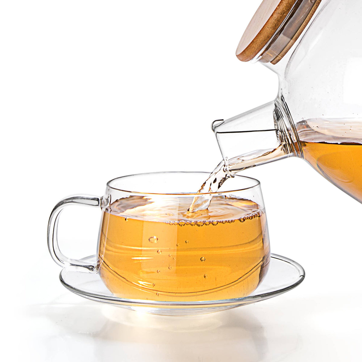 Set 4, 10.1 oz Clear Lightweight Glass Tea Coffee Cup Saucer