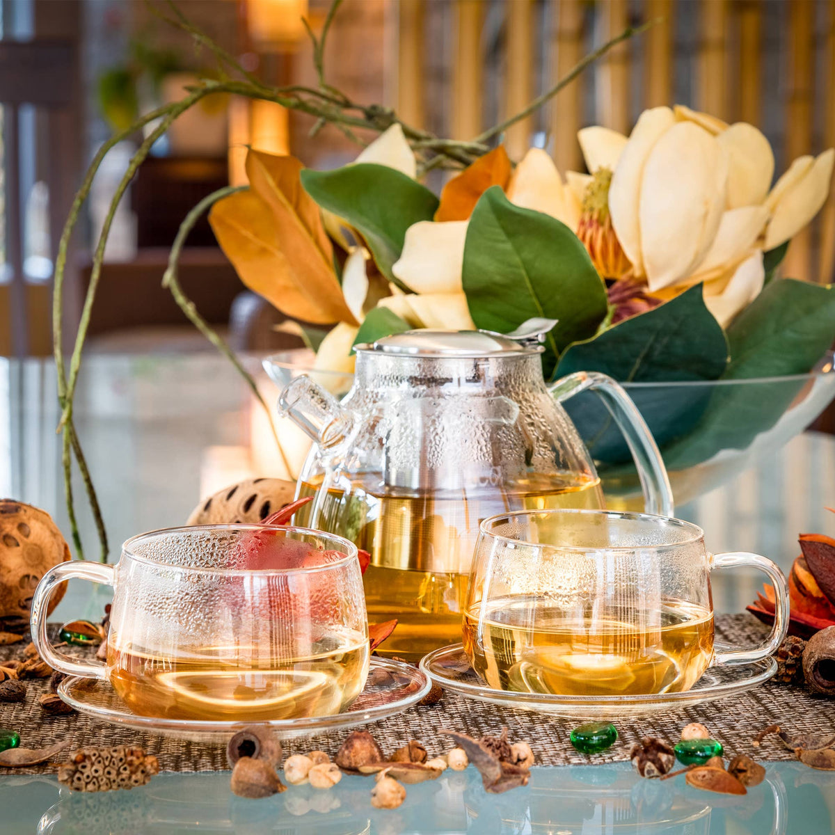Set 4, 10.1 oz Clear Lightweight Glass Tea Coffee Cup Saucer