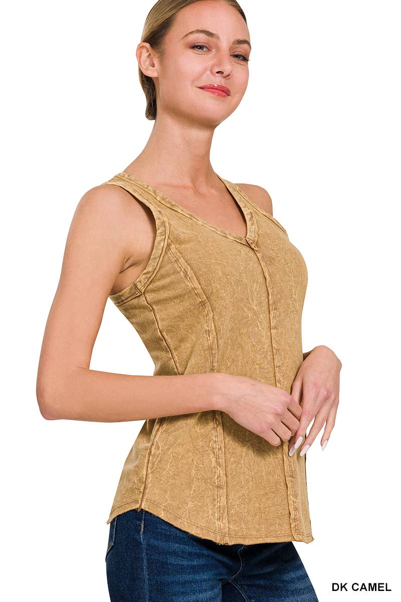 `.FRENCH TERRY CRINKLE WASHED RAW EDGE V-NECK SLEEVEL
