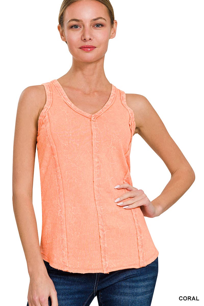 `.FRENCH TERRY CRINKLE WASHED RAW EDGE V-NECK SLEEVEL