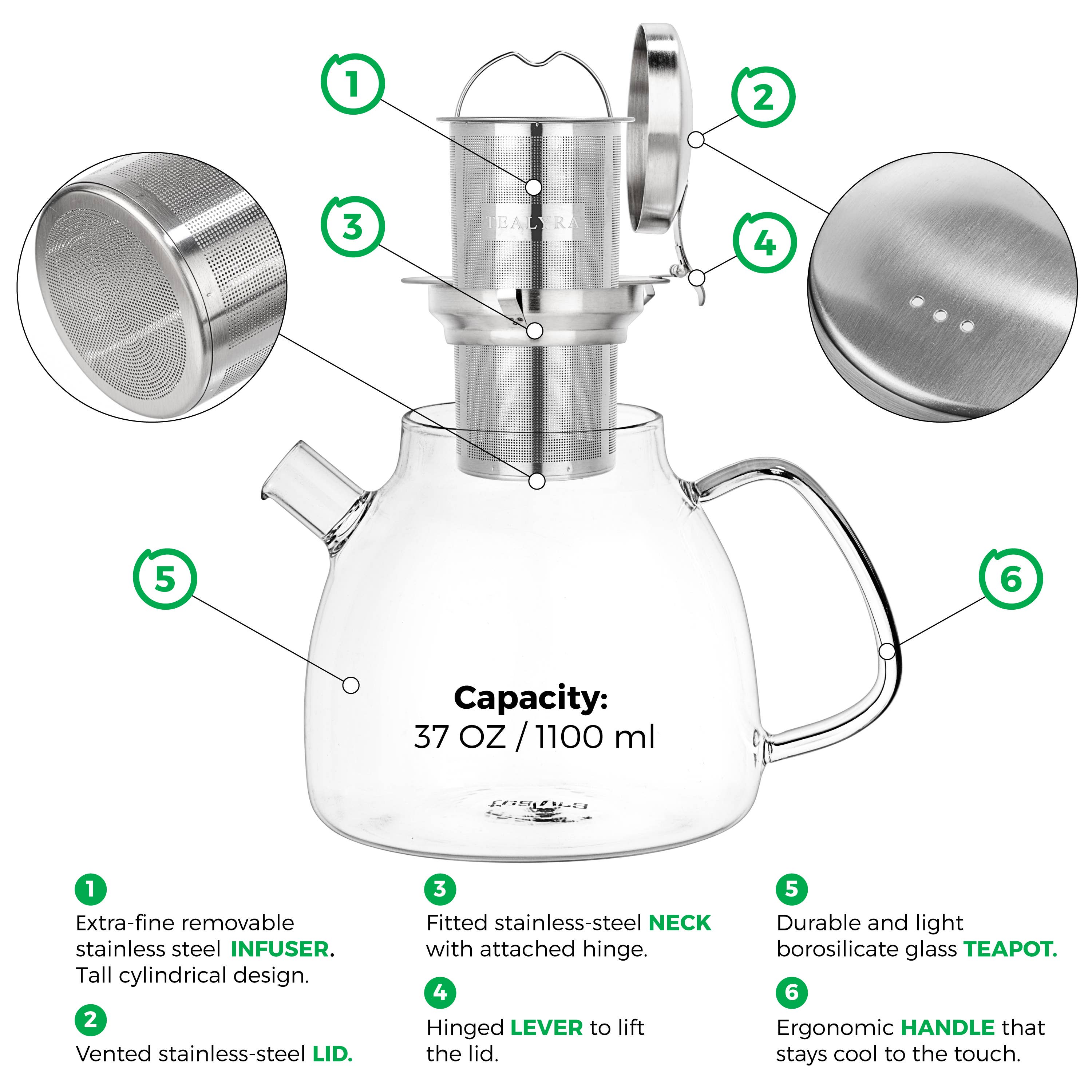 Lyra Glass Teapot Kettle 37 oz Stove Top Safe
