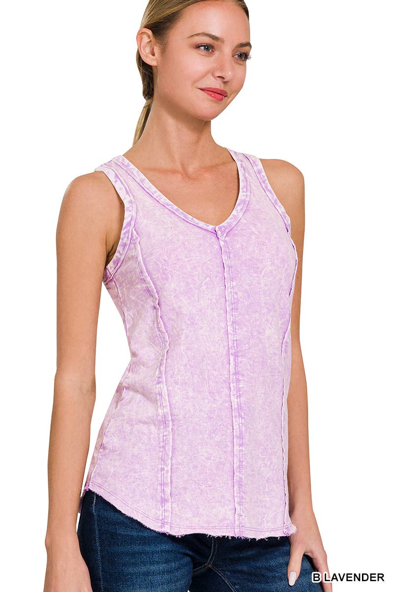 `.FRENCH TERRY CRINKLE WASHED RAW EDGE V-NECK SLEEVEL