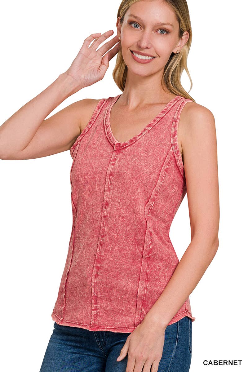 `.FRENCH TERRY CRINKLE WASHED RAW EDGE V-NECK SLEEVEL