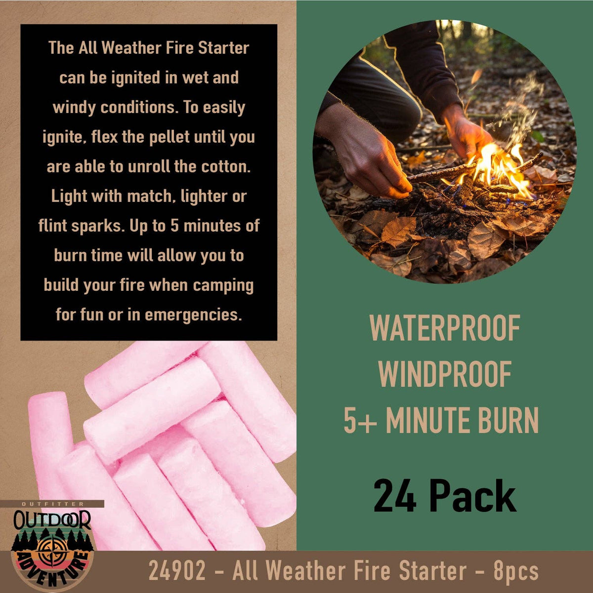 Outdoor All Weather Fire Starters 24 Pieces - 8/Pack