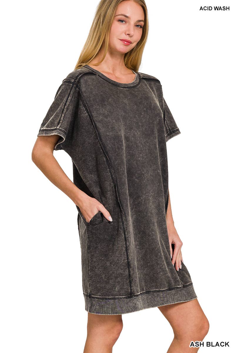 0826 French Terry Acid Wash Short Sleeve Dress W/ Pockets SI-2597
