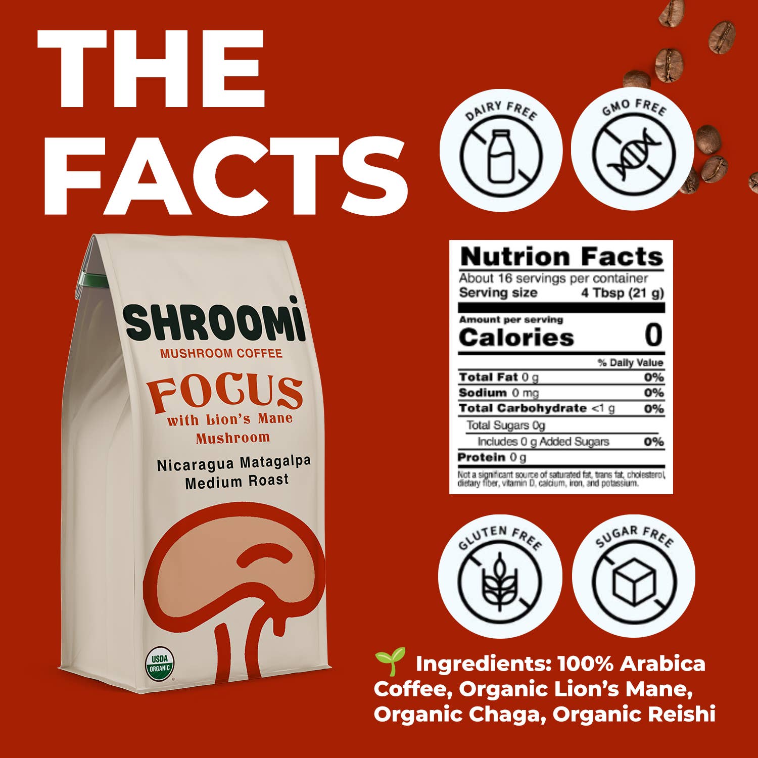 Shroomi Mushroom Coffee - Medium Roast Nicaragua, Ground Organic Coffee, 10oz Bag