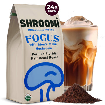 Shroomi Mushroom Coffee - Half Decaf Peru, Ground Organic Coffee, 10oz Bag