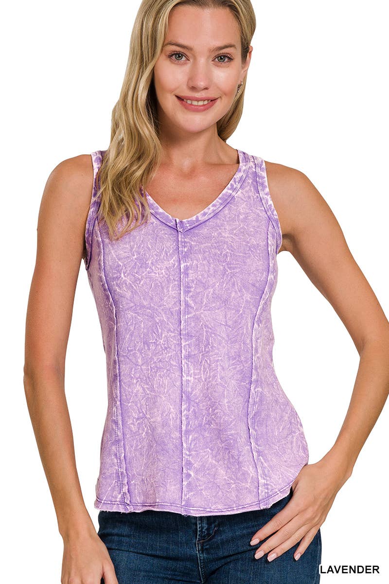 `.FRENCH TERRY CRINKLE WASHED RAW EDGE V-NECK SLEEVEL