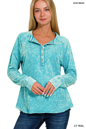 ....SI-25433 Washed F/Terry Button Henley Raglan Top w\ back pat