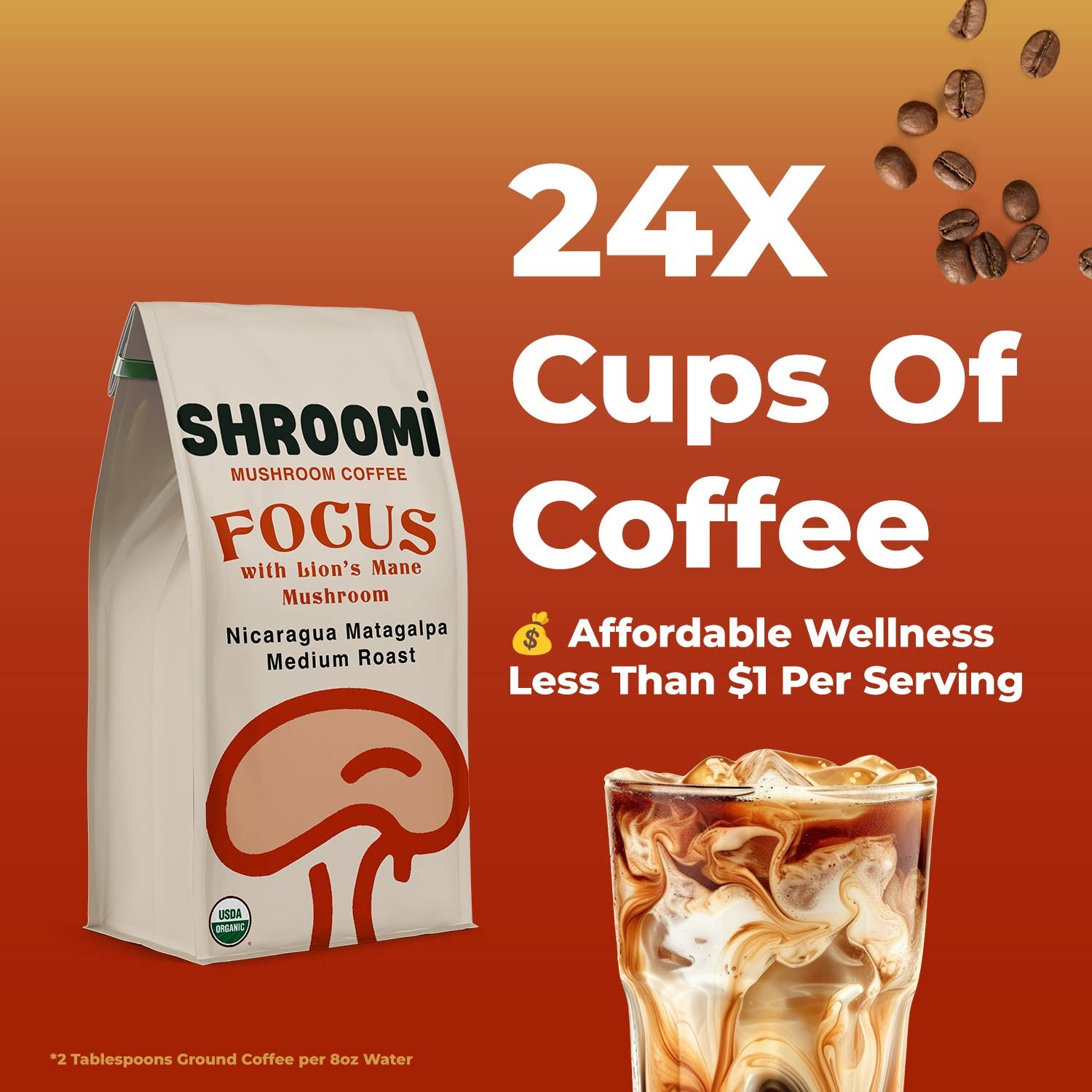 Shroomi Mushroom Coffee - Medium Roast Nicaragua, Ground Organic Coffee, 10oz Bag