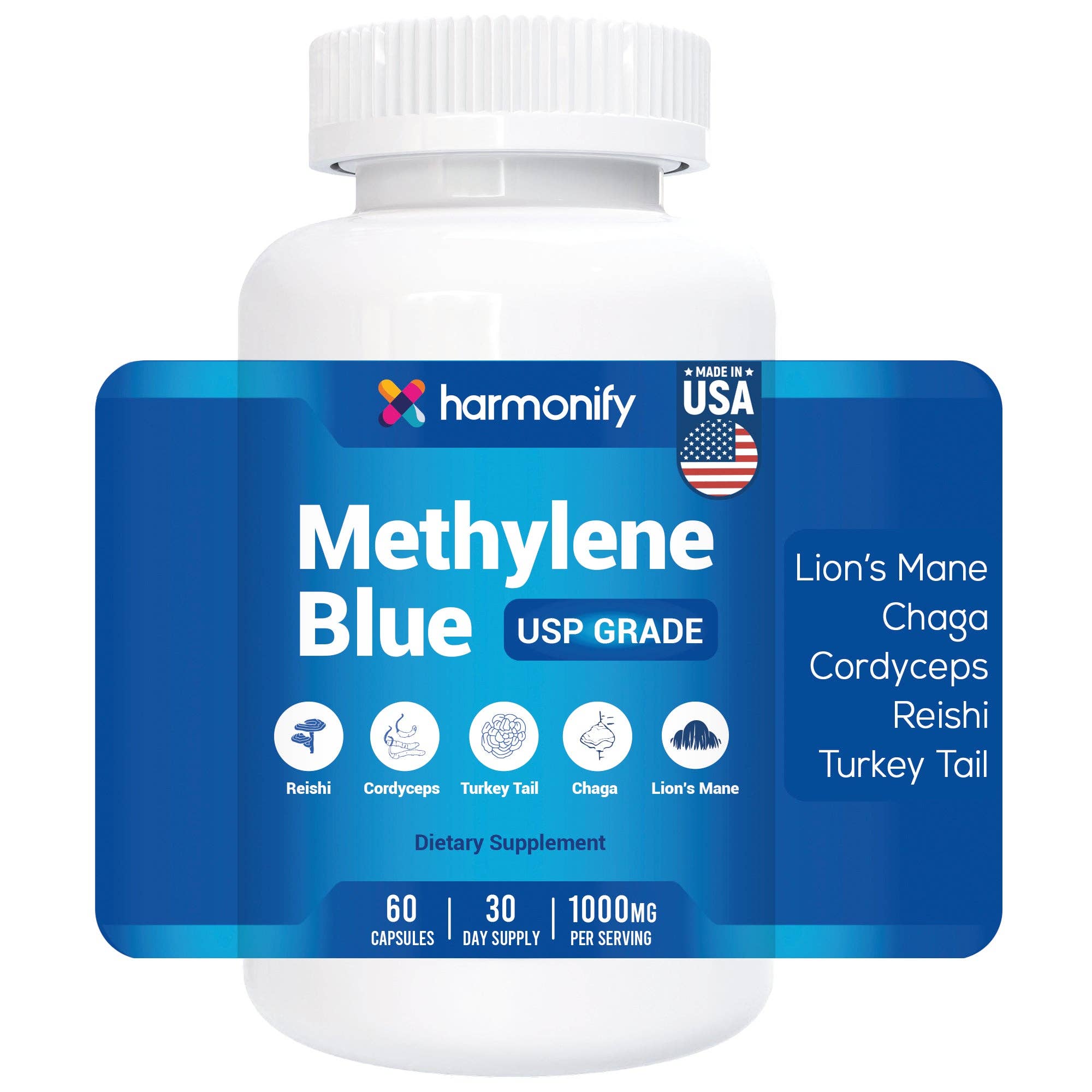 HARMONIFY Methylene Blue Capsule + 7 Mushroom Extract Complex – Brain & Immune Support | 60 Capsules