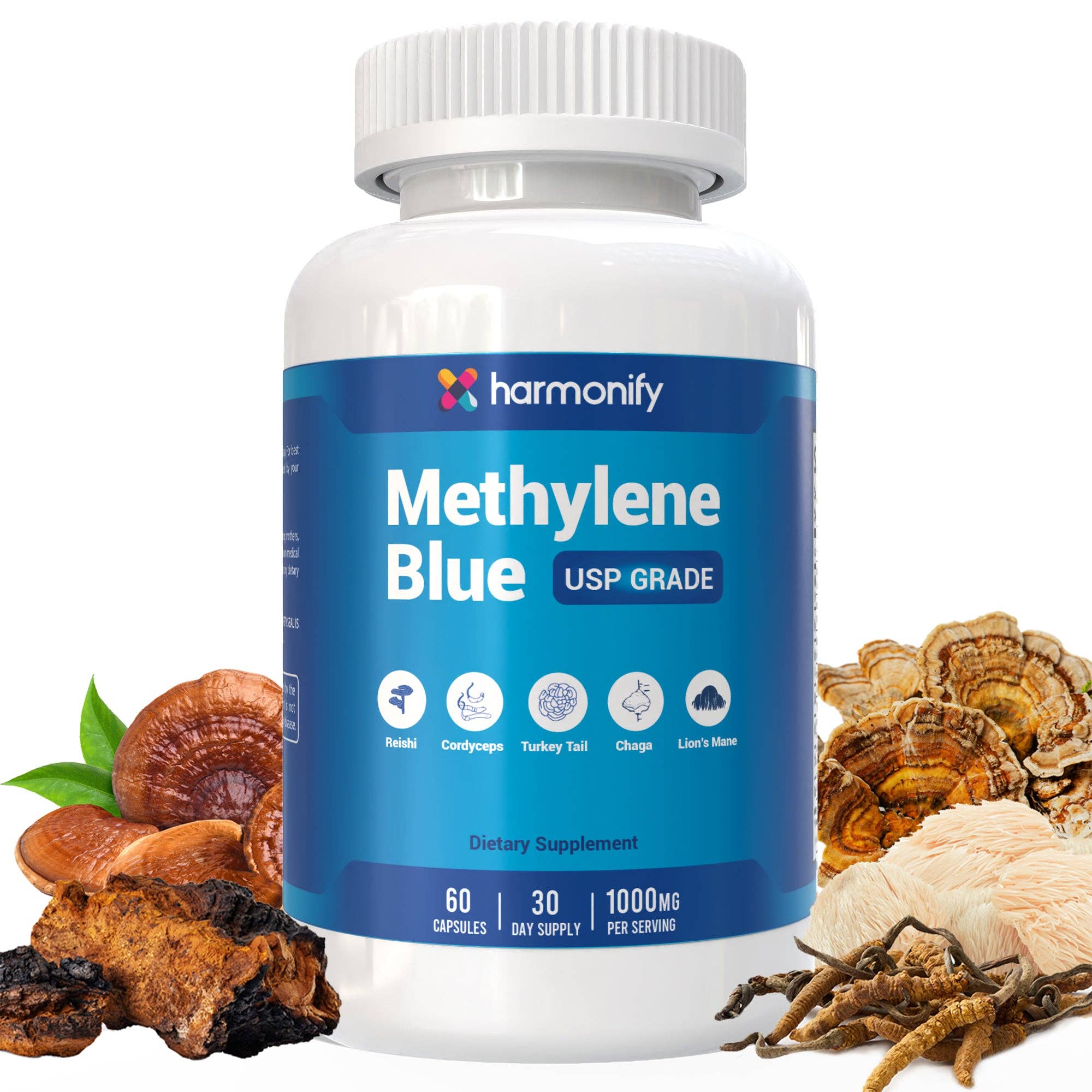 HARMONIFY Methylene Blue Capsule + 7 Mushroom Extract Complex – Brain & Immune Support | 60 Capsules