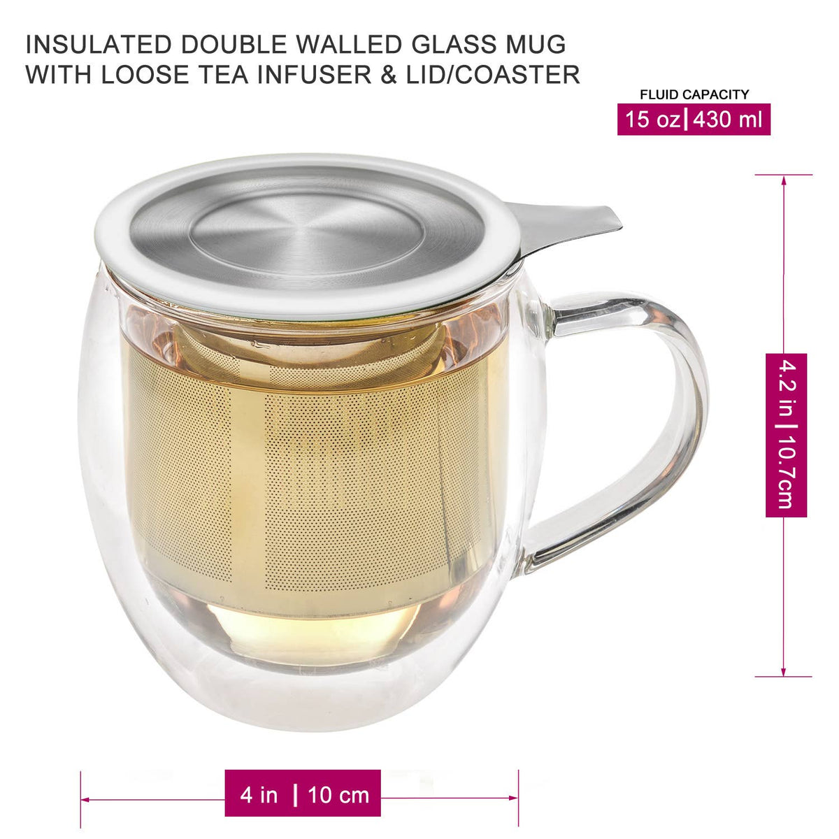 Teabloom Venice Insulated Glass Mug w/ Infuser & Lid/Coaster