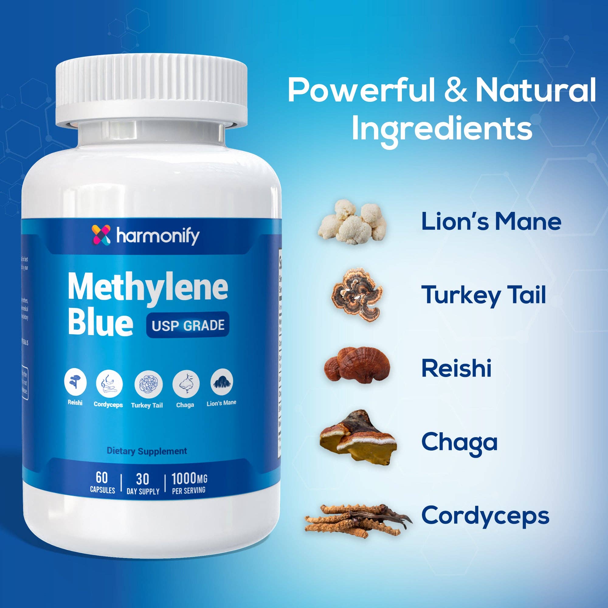 HARMONIFY Methylene Blue Capsule + 7 Mushroom Extract Complex – Brain & Immune Support | 60 Capsules