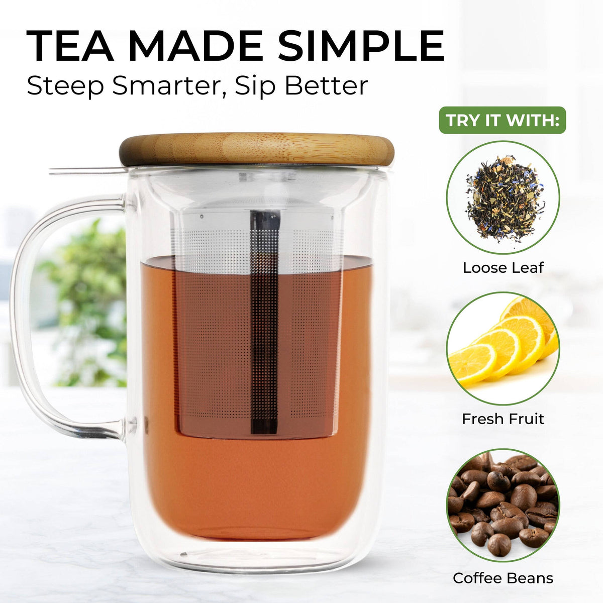 Venus Double Wall Glass Cup With Infuser, 13.5oz