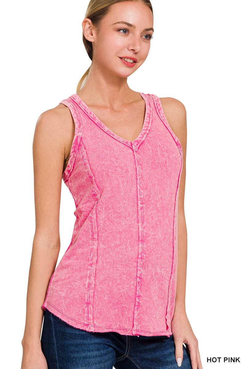 `.FRENCH TERRY CRINKLE WASHED RAW EDGE V-NECK SLEEVEL