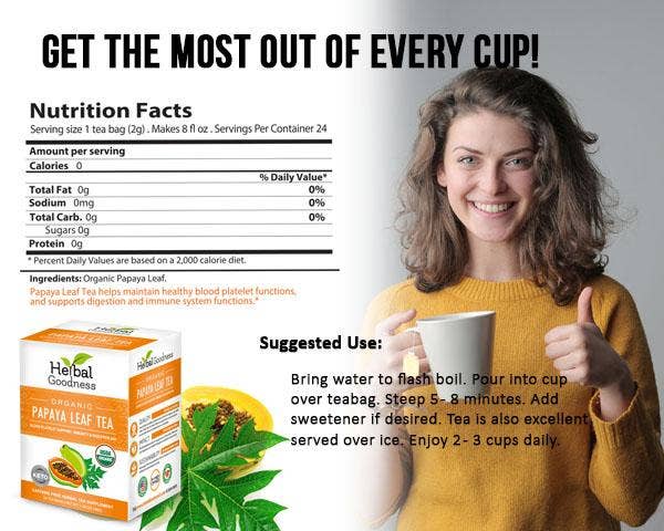 Papaya Leaf Tea - Organic - 24/2g Tea bags - Blood Platelets, Digestion & Immunity - Herbal Goodness