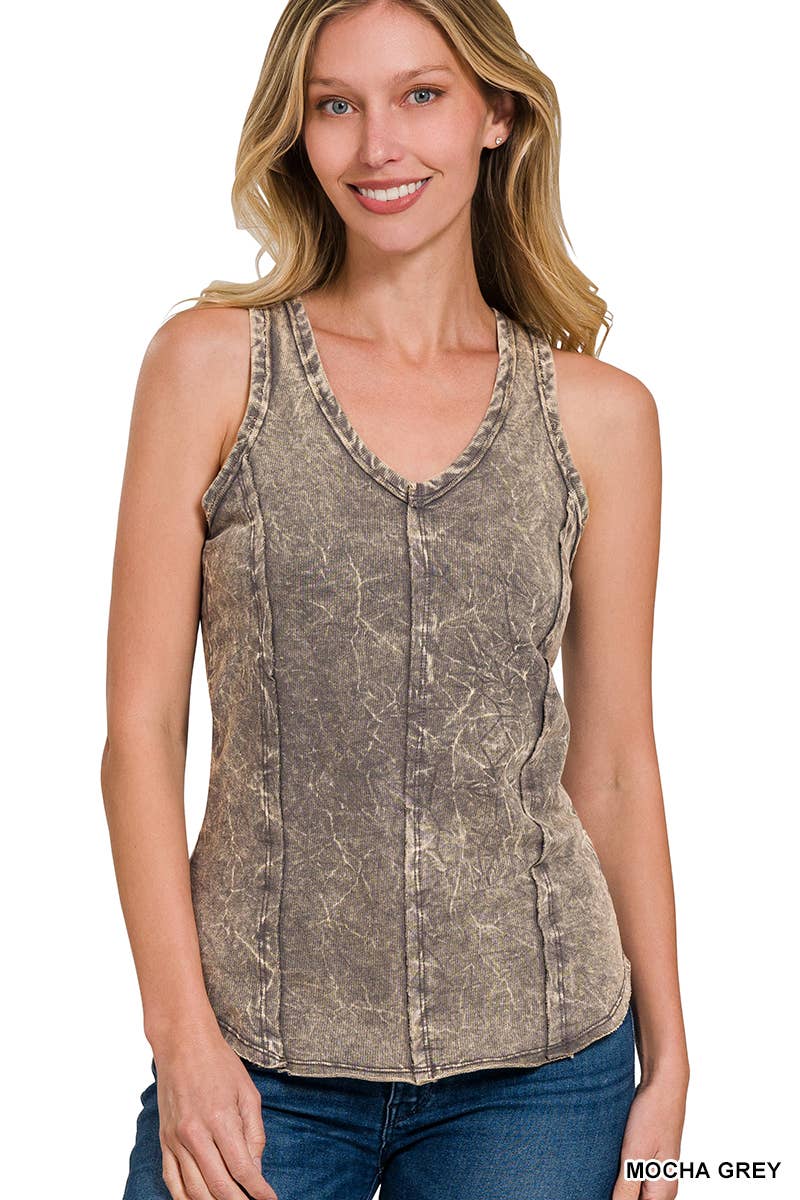 `.FRENCH TERRY CRINKLE WASHED RAW EDGE V-NECK SLEEVEL