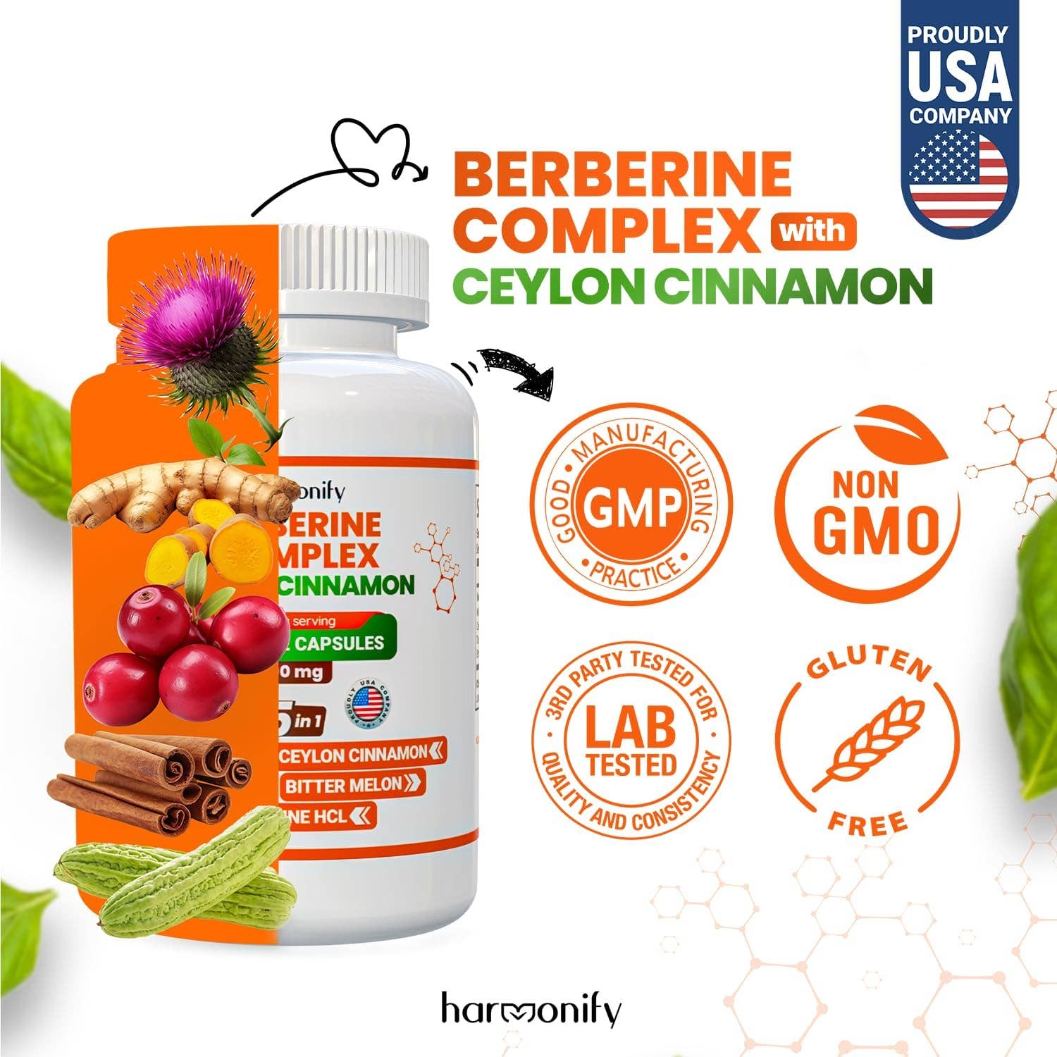 HARMONIFY Berberine with Ceylon Cinnamon, Pure Turmeric, Milk Thistle Bitter Melon, 5 in 1 Formula, 120 Purified Veggie Capsule 1000 mg | Gluten Free, Non-GMO