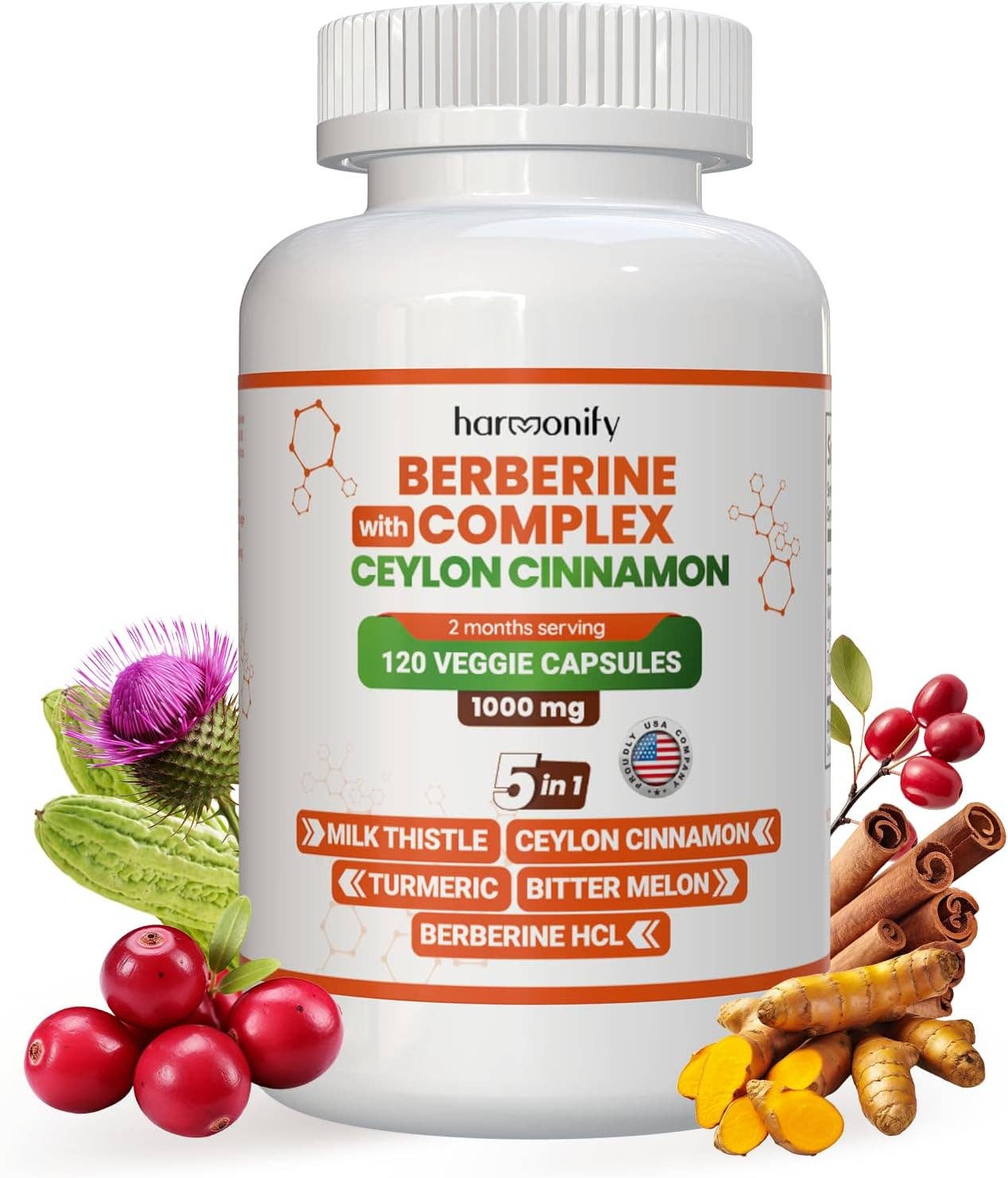 HARMONIFY Berberine with Ceylon Cinnamon, Pure Turmeric, Milk Thistle Bitter Melon, 5 in 1 Formula, 120 Purified Veggie Capsule 1000 mg | Gluten Free, Non-GMO