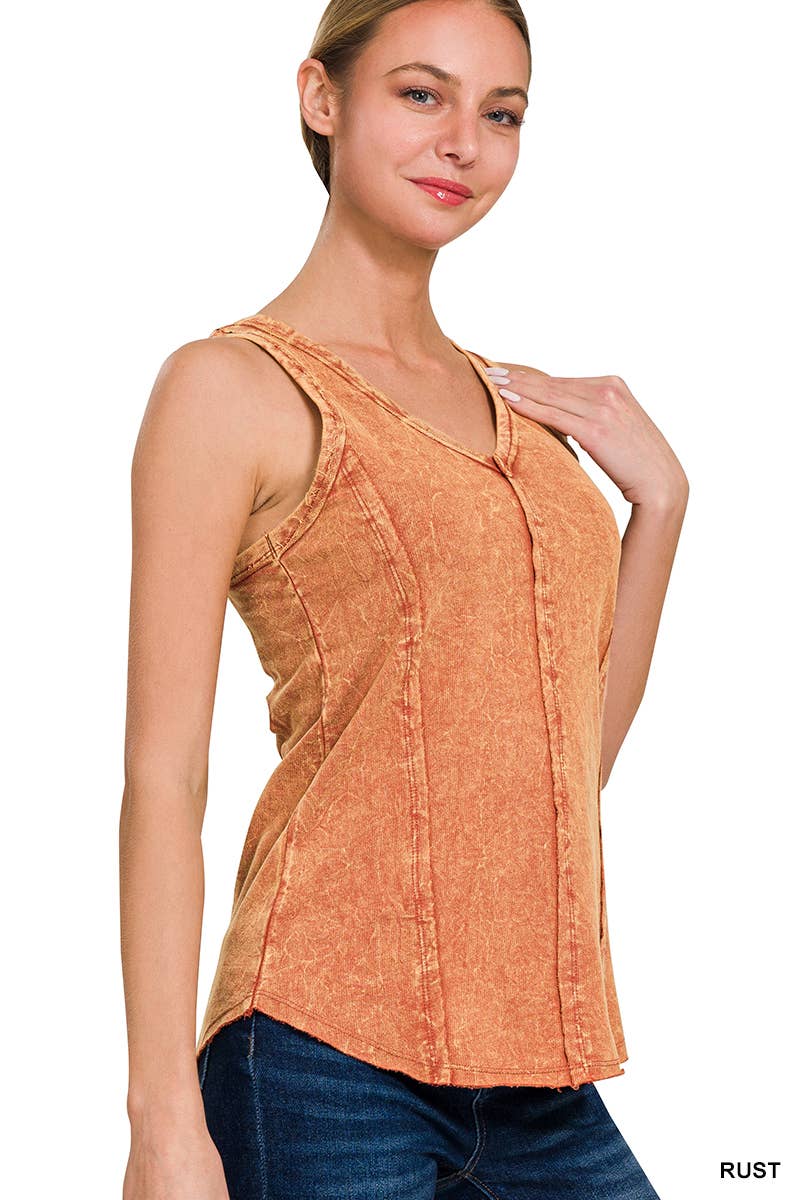 `.FRENCH TERRY CRINKLE WASHED RAW EDGE V-NECK SLEEVEL