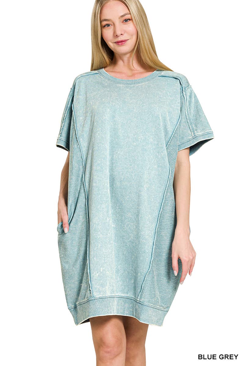0826 French Terry Acid Wash Short Sleeve Dress W/ Pockets SI-2597