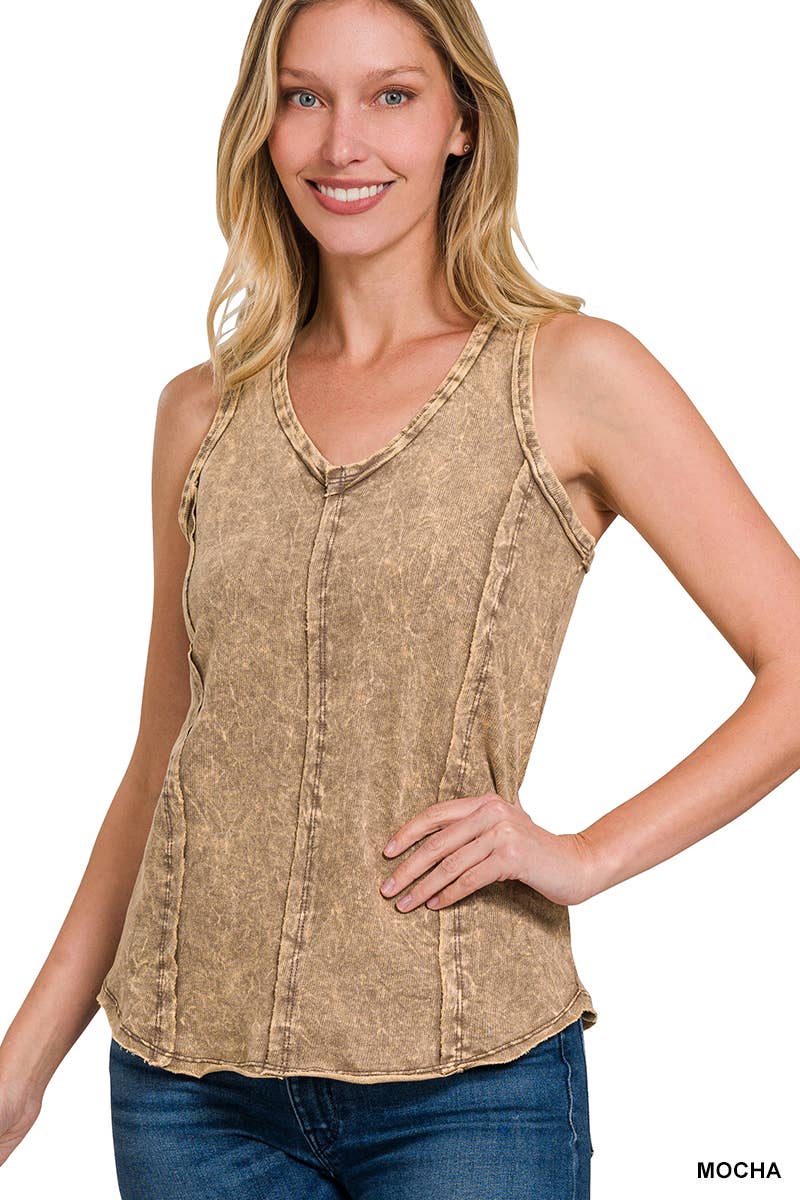`.FRENCH TERRY CRINKLE WASHED RAW EDGE V-NECK SLEEVEL