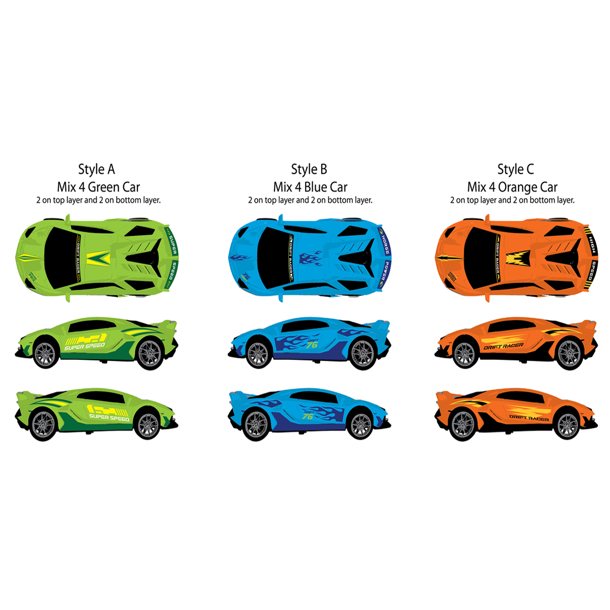 Large Sideways Drift Racers Friction Car Assortment - 12/Pk