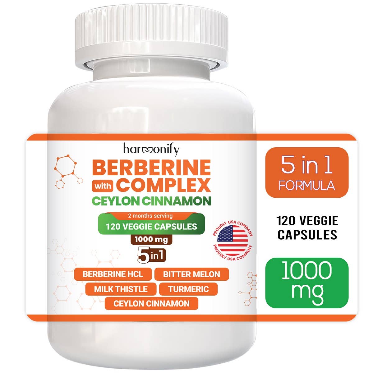 HARMONIFY Berberine with Ceylon Cinnamon, Pure Turmeric, Milk Thistle Bitter Melon, 5 in 1 Formula, 120 Purified Veggie Capsule 1000 mg | Gluten Free, Non-GMO