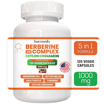 HARMONIFY Berberine with Ceylon Cinnamon, Pure Turmeric, Milk Thistle Bitter Melon, 5 in 1 Formula, 120 Purified Veggie Capsule 1000 mg | Gluten Free, Non-GMO