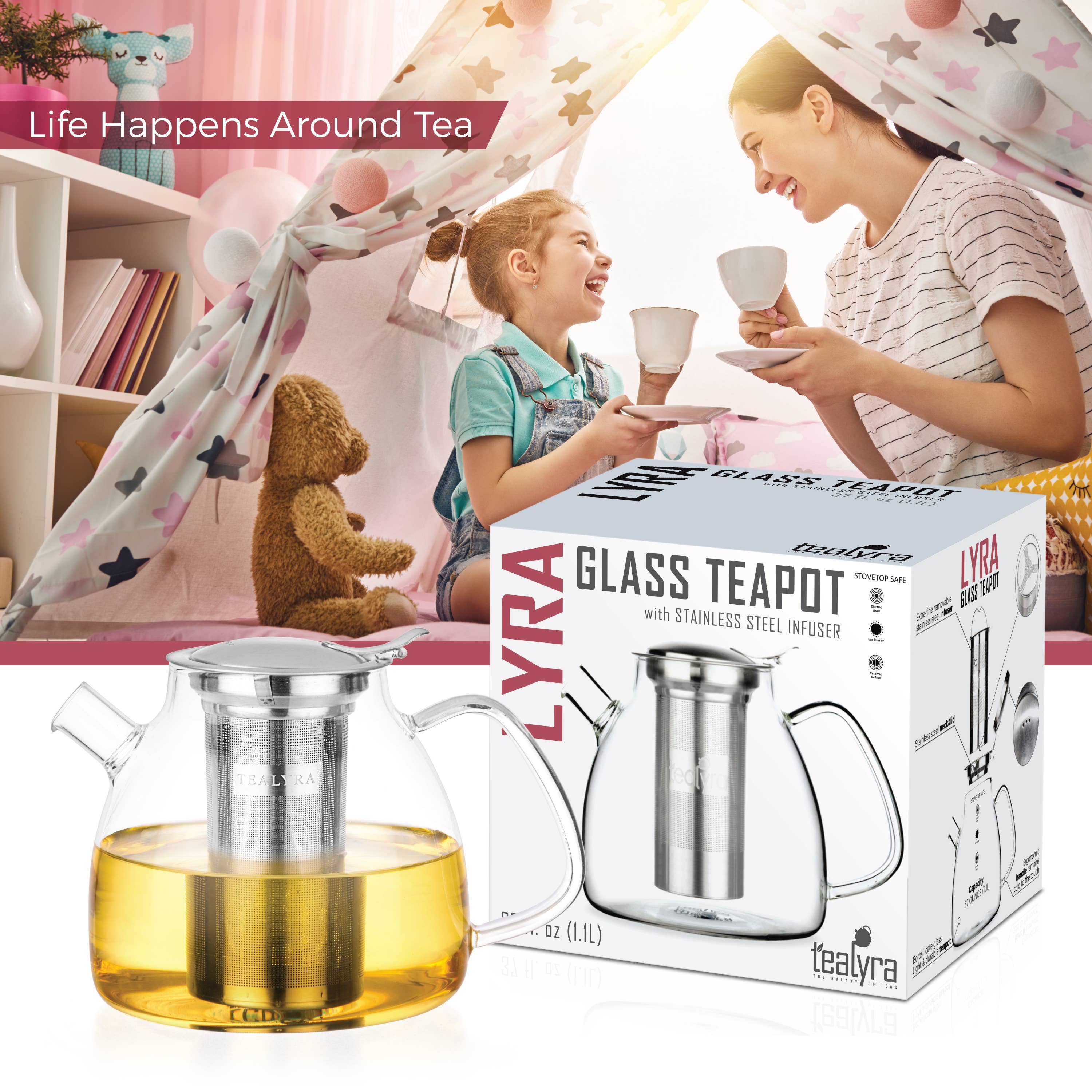 Lyra Glass Teapot Kettle 37 oz Stove Top Safe