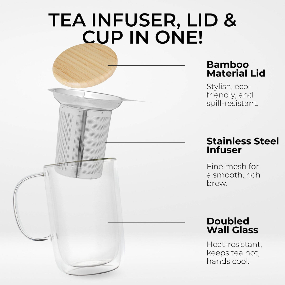 Venus Double Wall Glass Cup With Infuser, 13.5oz