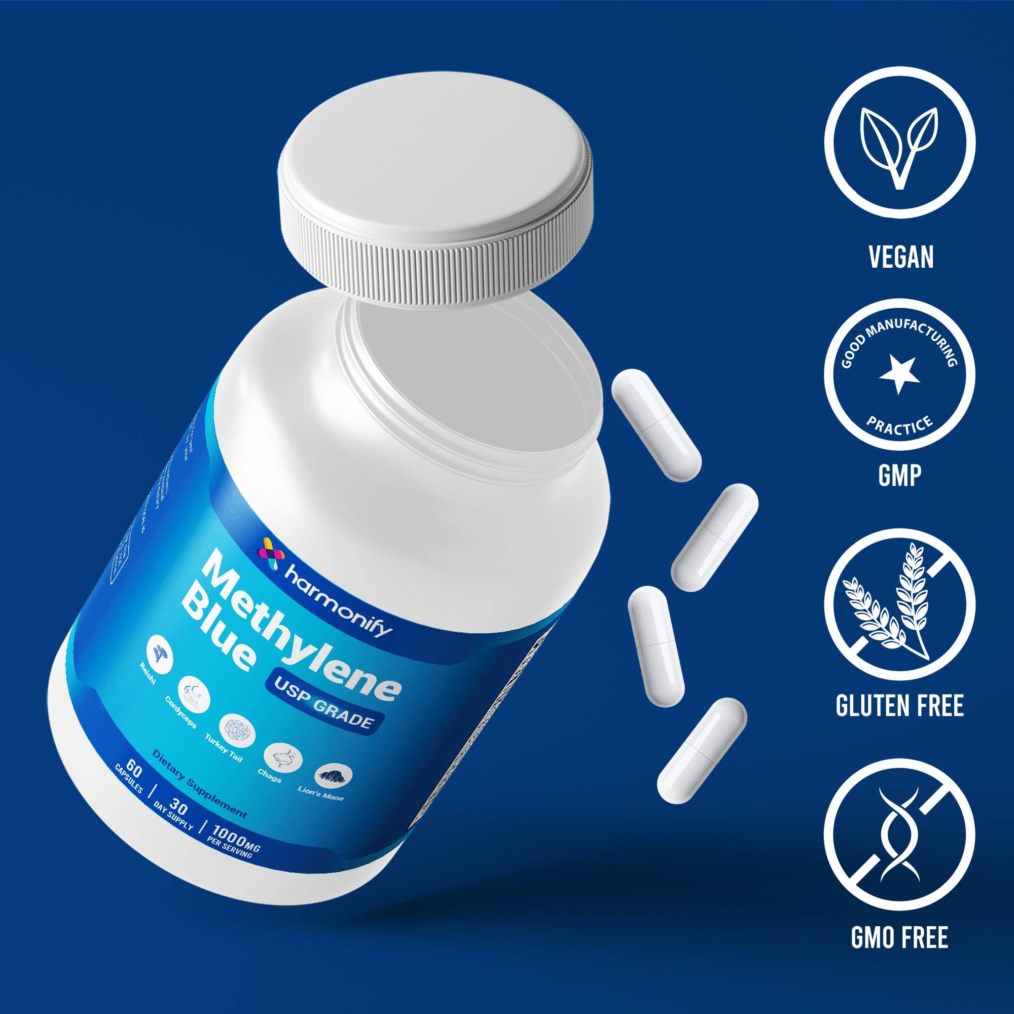 HARMONIFY Methylene Blue Capsule + 7 Mushroom Extract Complex – Brain & Immune Support | 60 Capsules