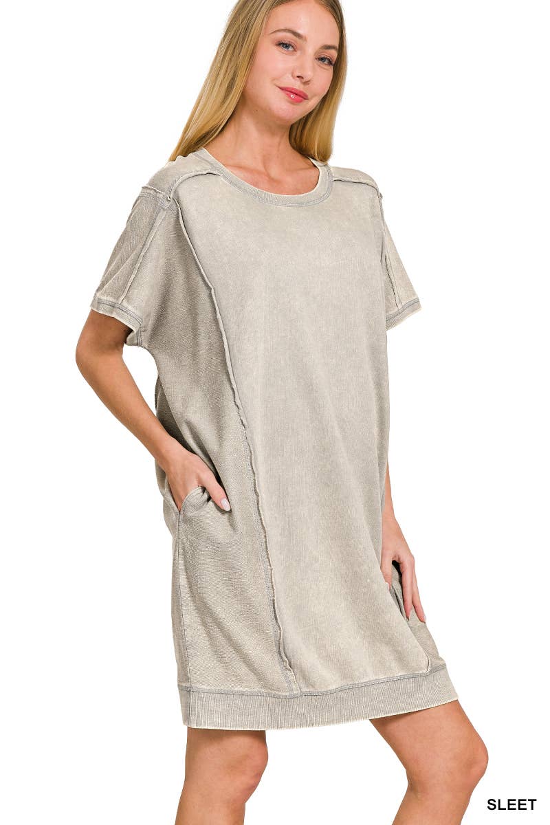 0826 French Terry Acid Wash Short Sleeve Dress W/ Pockets SI-2597