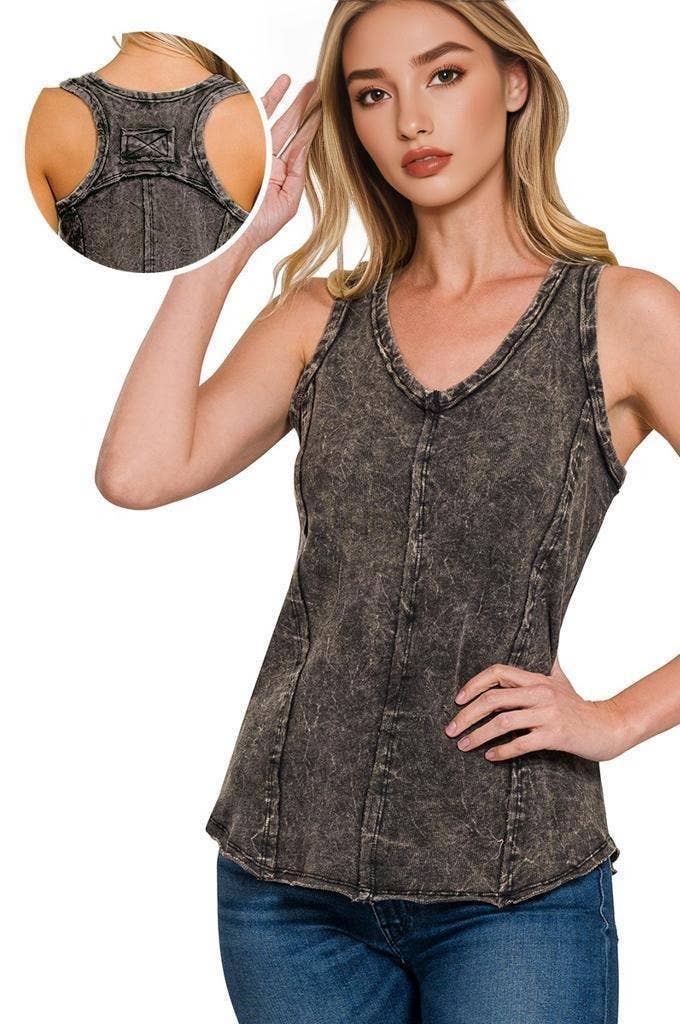 `.FRENCH TERRY CRINKLE WASHED RAW EDGE V-NECK SLEEVEL