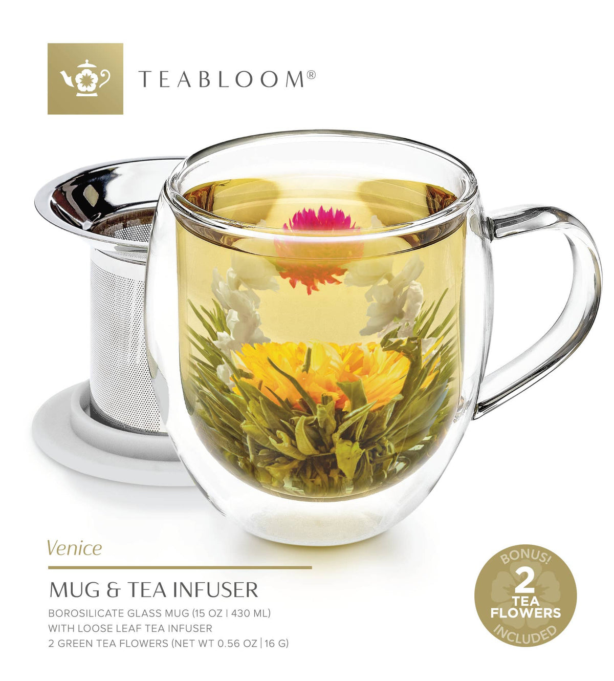 Teabloom Venice Insulated Glass Mug w/ Infuser & Lid/Coaster