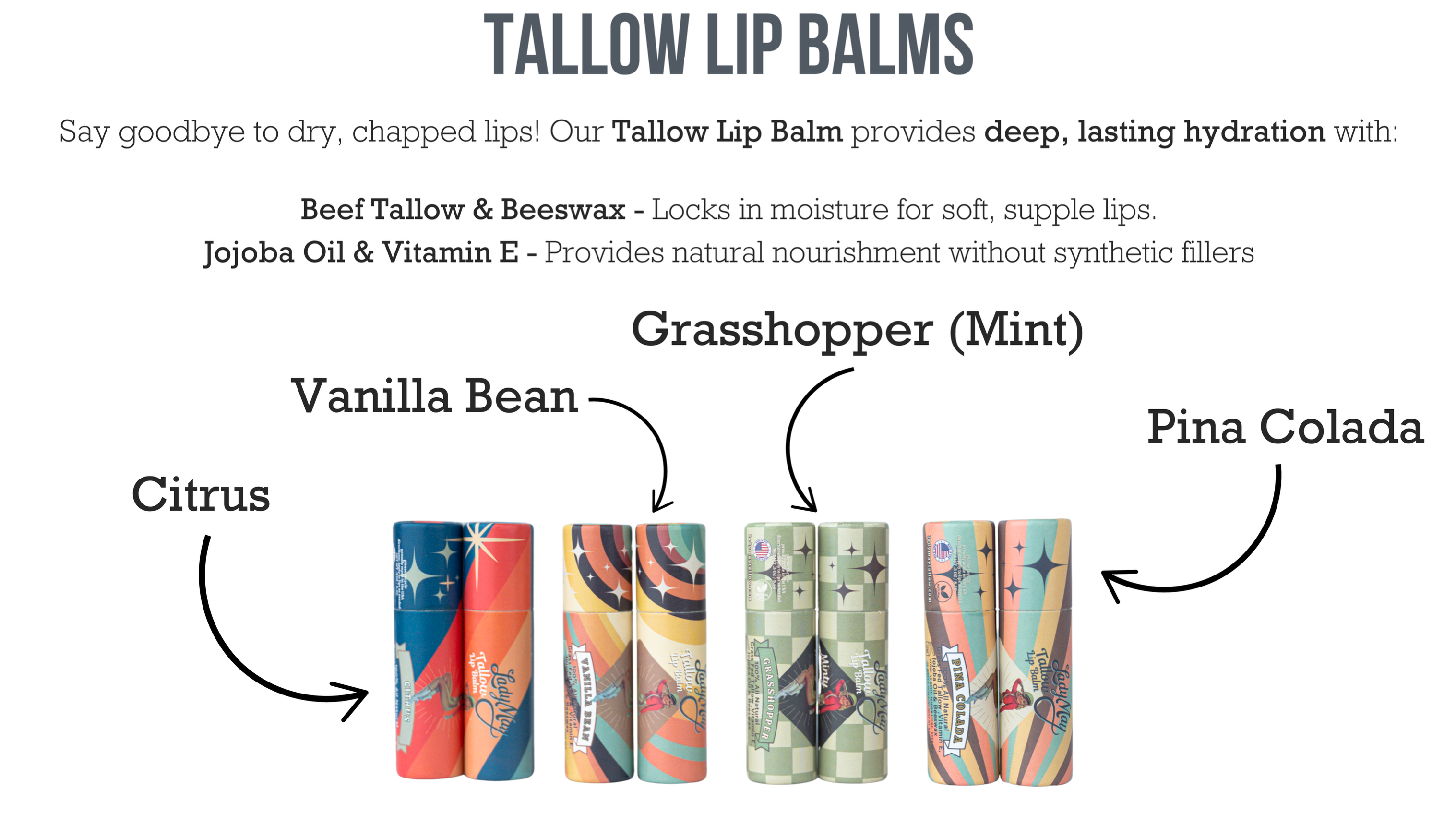 Lady May Tallow Lip Balm – Natural, Hydrating, Long-Lasting (Multiple Flavors)